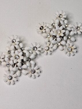 Coro White Floral Cluster Rhinestone Earrings